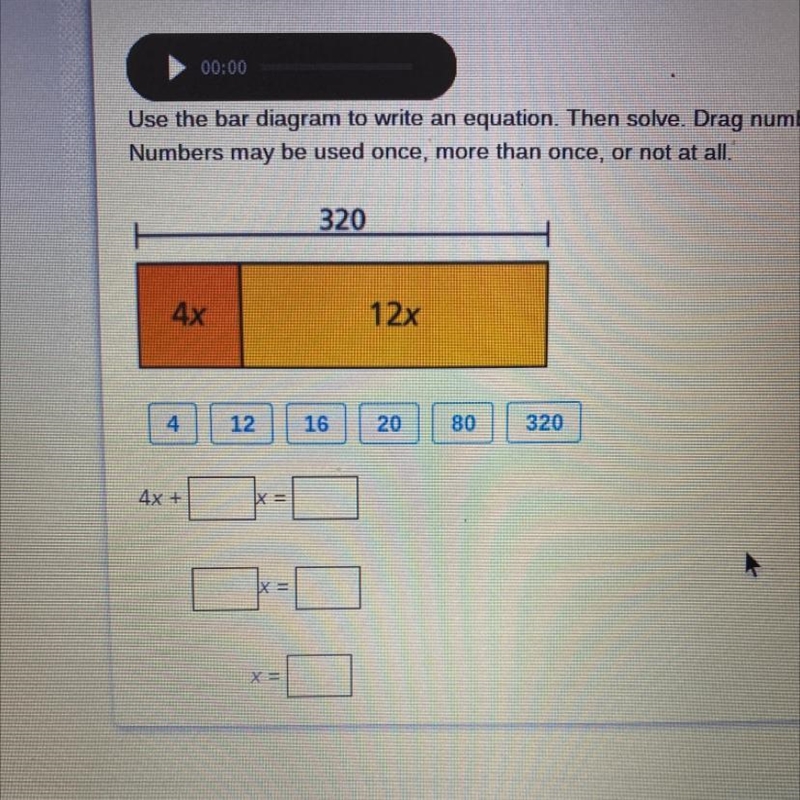 Use the bar diagram to write an equation. Then solve. Drag numbers to complete the-example-1