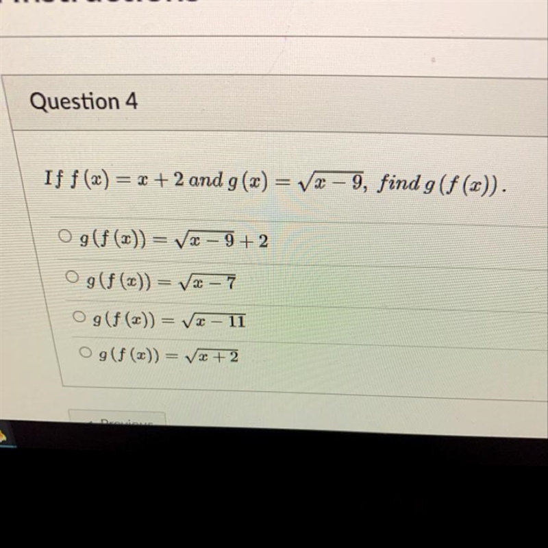 If f(x) = x+2 and g(x) = radical x-9, find g(f(x)).-example-1