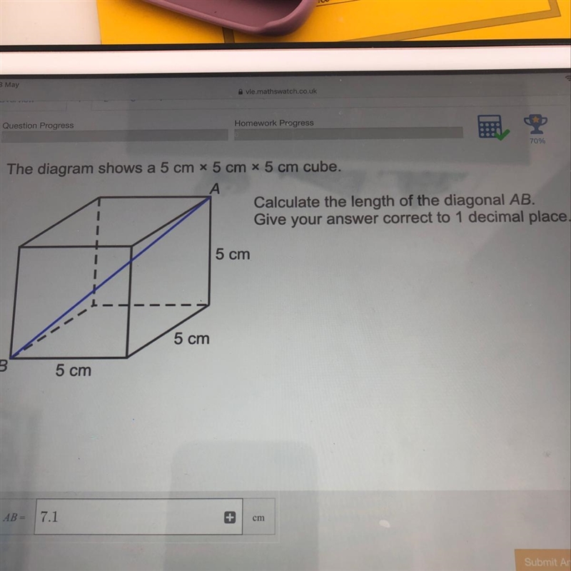 The diagram shows a 5 cm x 5 cm x 5 cm cube. A Calculate the length of the diagonal-example-1