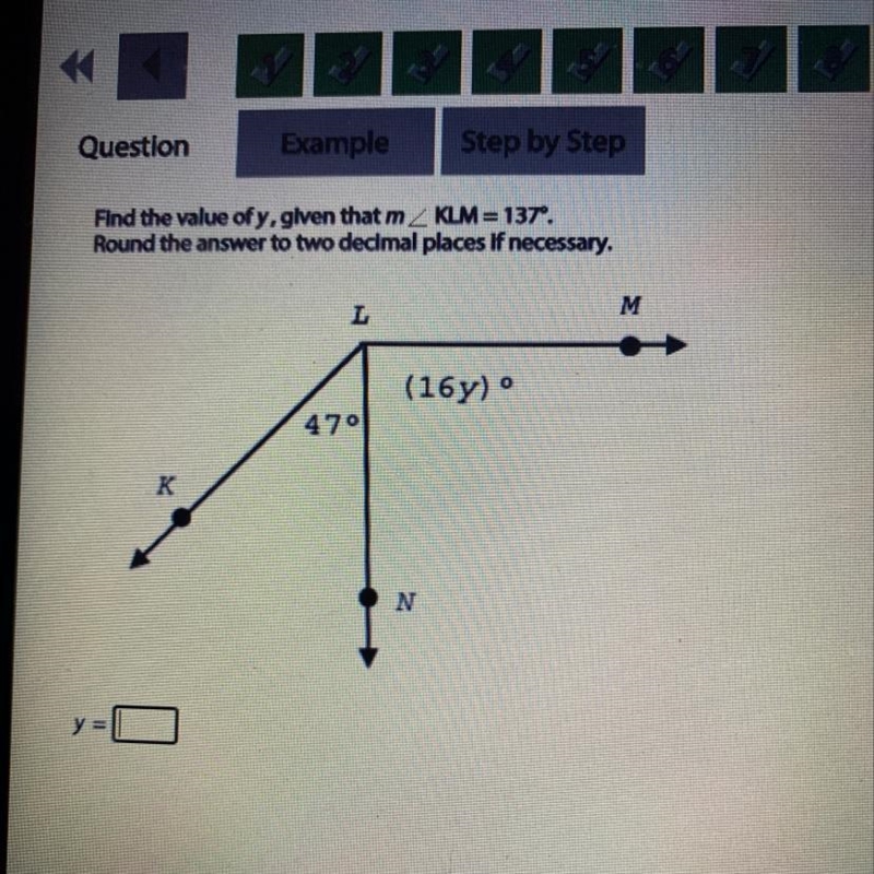 Find the value of y, given that m_ KLM = 137º. Round the answer to two decimal places-example-1