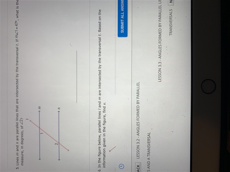 Lines m and n are parallel lines that are intersected by transversal t. If m<1 = 47 degrees-example-1