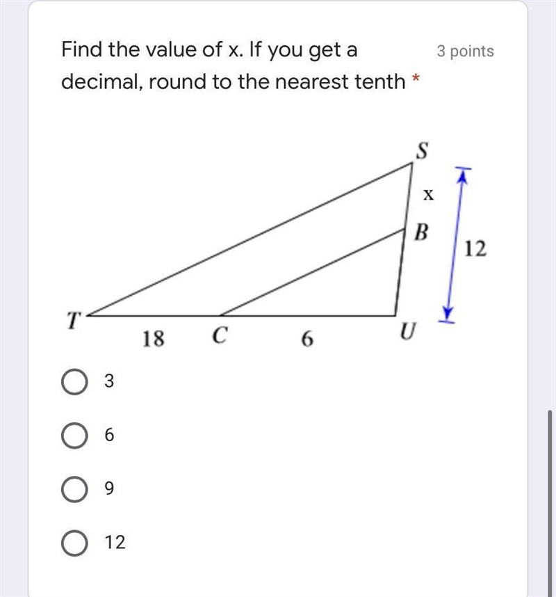 Find the value of X to the nearest tenth. Choices are: 3, 6, 9, 12-example-1