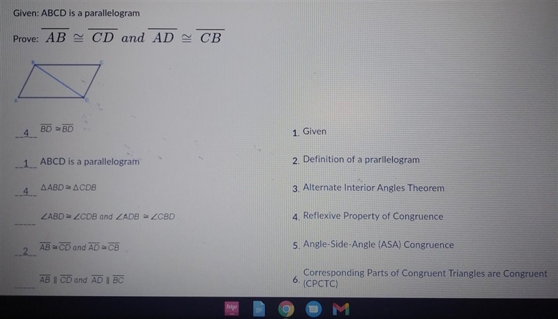 Match each statement to the reasons for the geometric proof. Part 3​-example-1