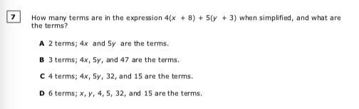 How many terms are in the expression 4(x + 8) + 5(y + 3) when simplified, and what-example-1