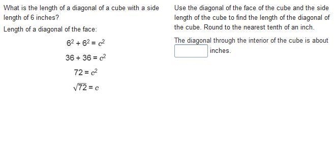 What is the length of a diagonal of a cube with a side length of 6 inches?-example-1