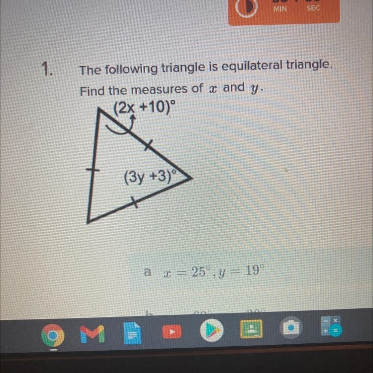 1. The following triangle is equilateral triangle. Find the measures of r and y. (2x-example-1