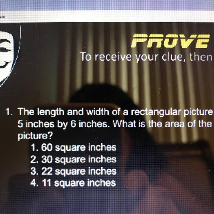 The length and width of a rectangle picture is 5 inches by 6 inches. What is the area-example-1