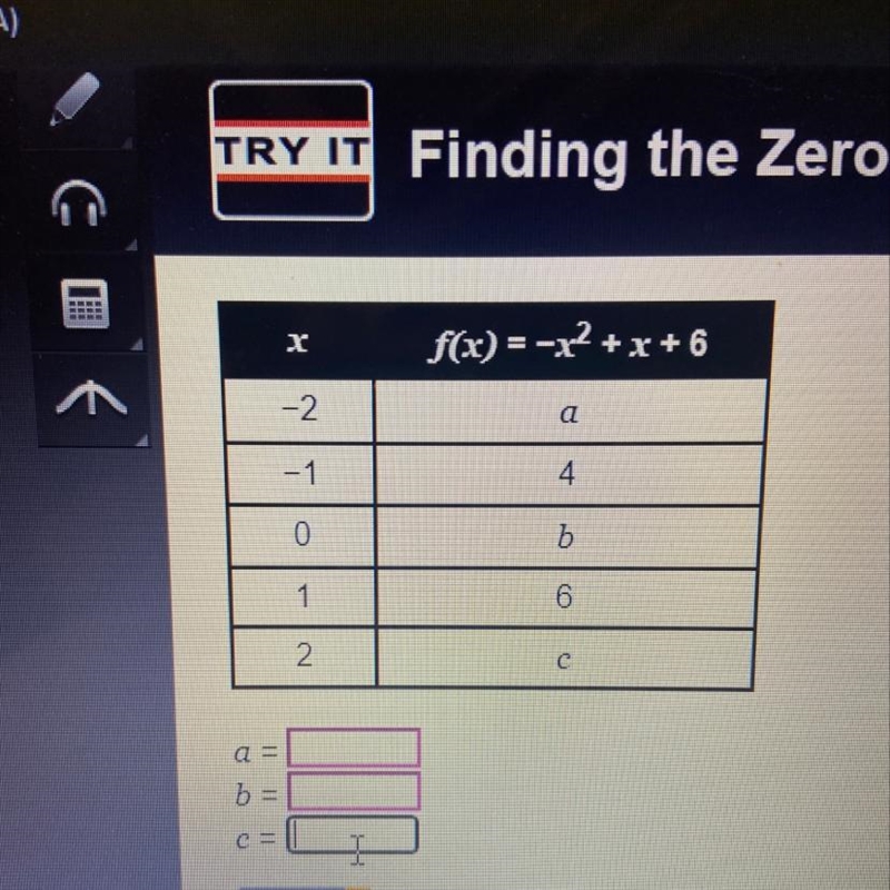 X f(x) = x2+x+6 -2 a SERE -1 4 TELE 0 ь 1 6 N a = b= C =-example-1