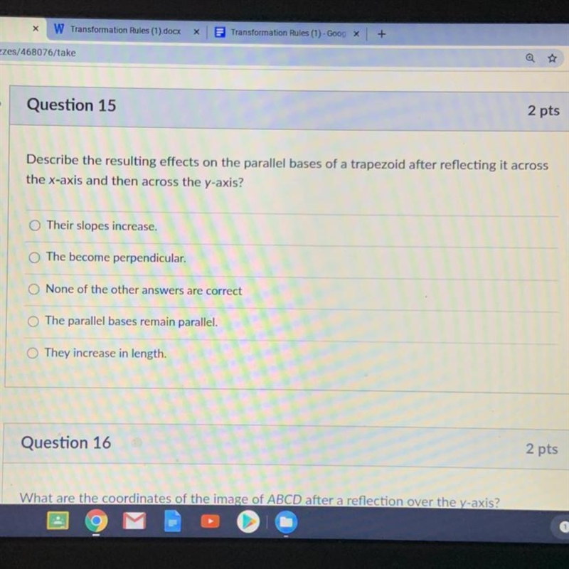 Describe the resulting effects on the parallel bases of a trapezoid after reflecting-example-1