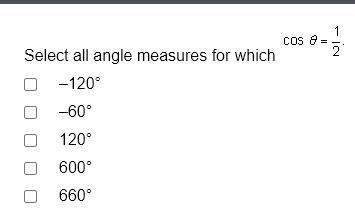 Select all angle measures for which cos0= 1/2-example-1