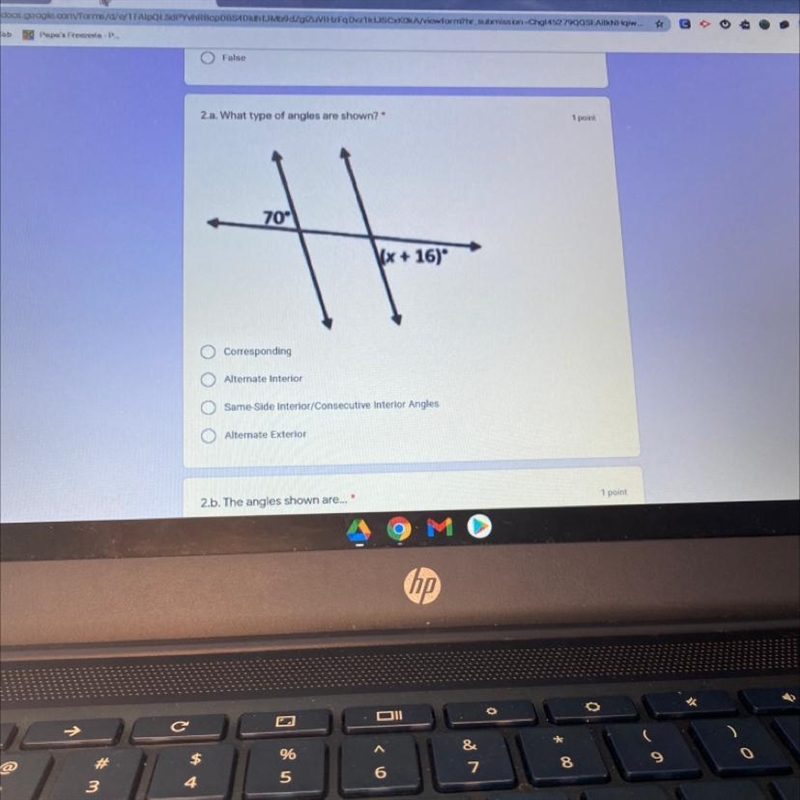 2.a. What type of angles are shown? 1 point 70- (х + 16)" Corresponding Alternate-example-1