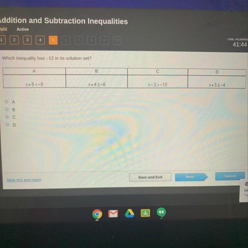 42.23 Which inequality has -12 in its solution set? A B C D-example-1