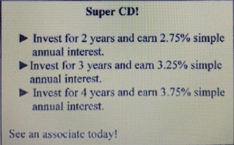 The advertisement above shows the terms of a certificate of deposit (CD) at a local-example-1