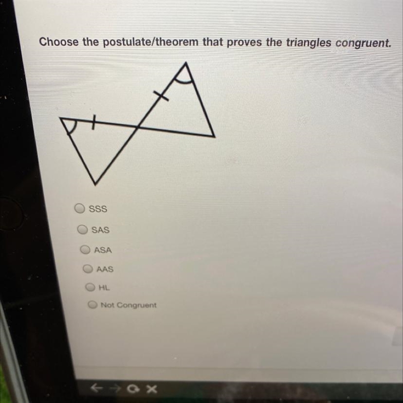 Choose the postulate/theorem that proves the triangles congruent. •SSS •SAS •ASA •AAS-example-1