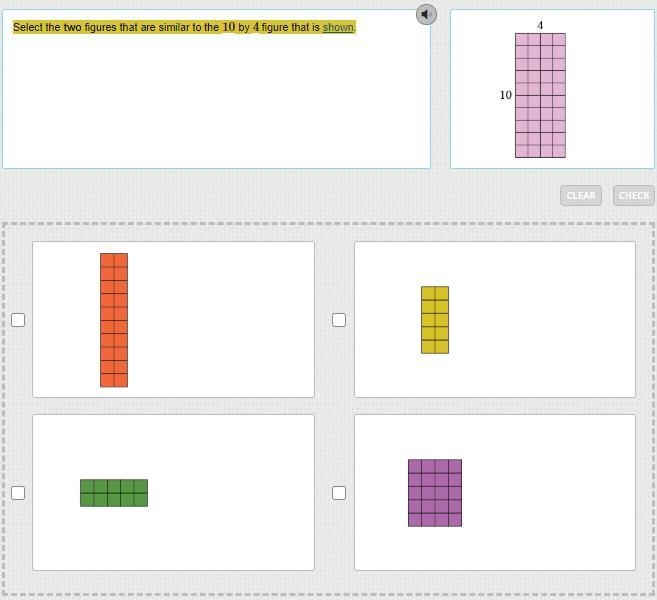 Select the two figures that are similar to the 10 by 4 figure that is shown.-example-1