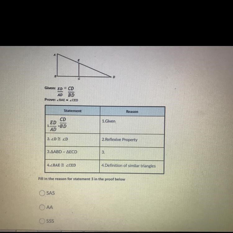 PLEASE HELP! Fill in the reason for statement 3 in proof below: SAS AA SSS-example-1