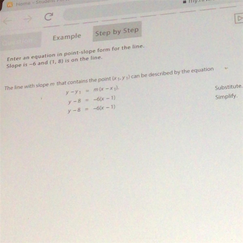 Equation for point slope Slope=-6 and (1,8)is on the line-example-1