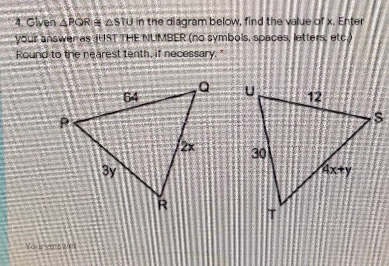 Given PQR is congruent to STU, find the value of x​-example-1