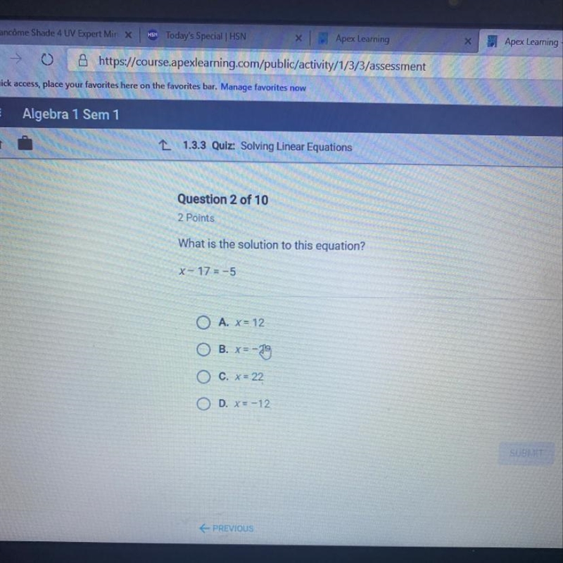 What is the solution to this problem x-17= -5-example-1