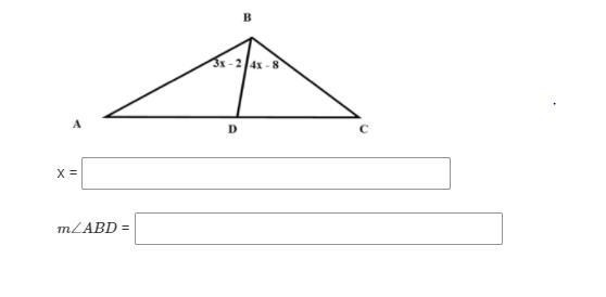 50 Points In the following triangle BD is an angle bisector. Find x and m∠ABD-example-1