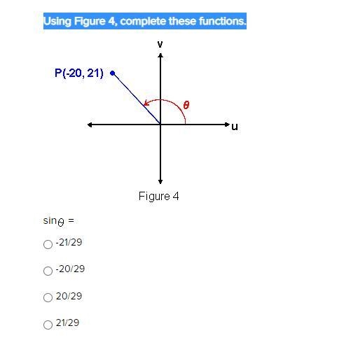 Using Figure 4, complete these functions. sin theta = -21/29 -20/29 20/29 21/29-example-1