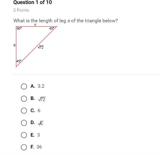 What is the length of leg s of the triangle below-example-1