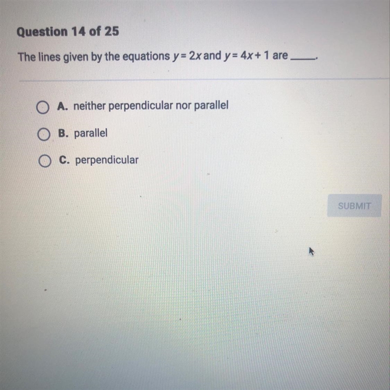 The lines given by the equations y=2x and y=4x+1 are-example-1