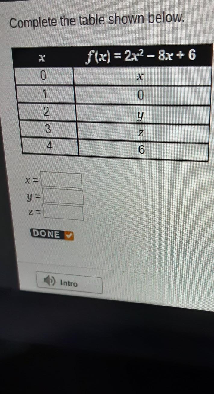 Complete the table shown below. f(x) = 2x2 - 8x + 6 1 0 2 y 3 4. 6 X= y = Z ​-example-1