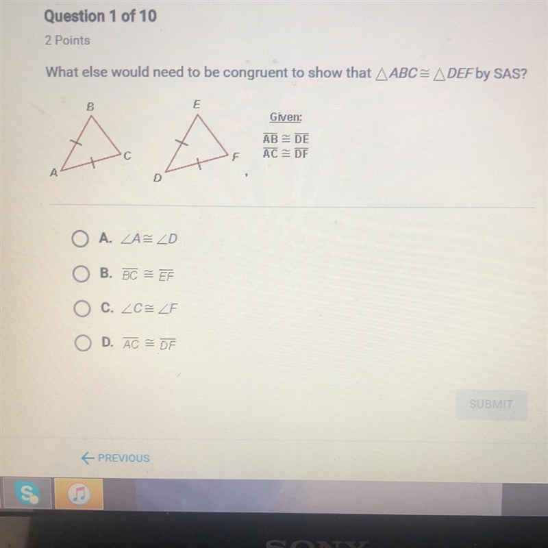 What else would need to be congruent to show that ABC=DEF by SAS?-example-1