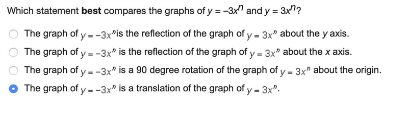 Which statement best compares the graphs of y = –3xn and y = 3xn?-example-1