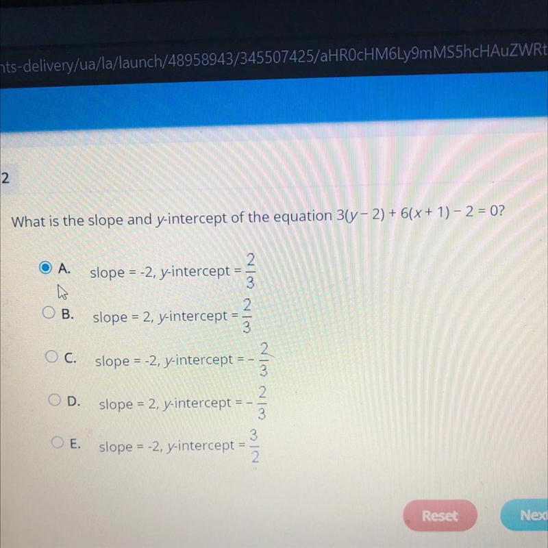 What is the slope and y-intercept of the equation 3(y-2) + 6(x+1)-2 = 02-example-1