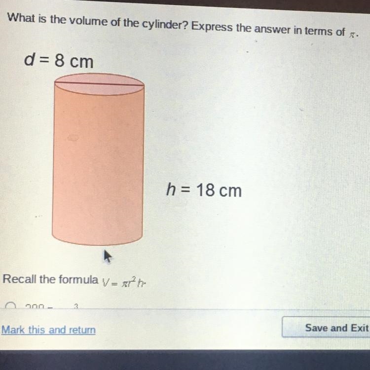 What is the volume of the cylinder? Express the answer in terms of x. d= 8 cm h= 18 cm-example-1