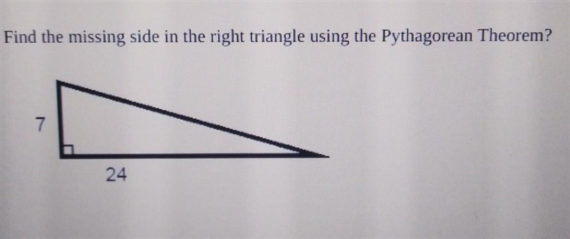 Help due in a little bit! Find the missing side in the right triangle using the Pythagorean-example-1