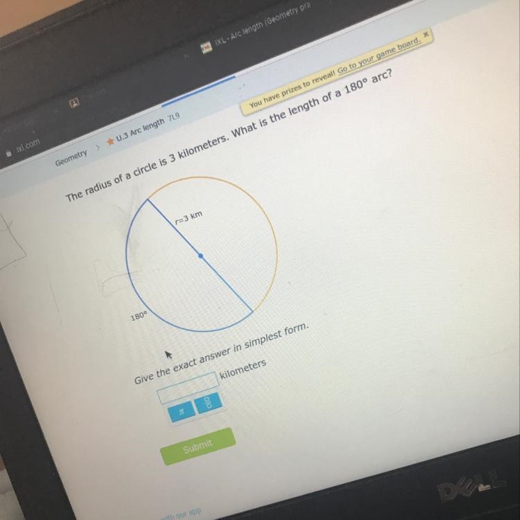 The radius of is circle is 3 kilometers. what is the length of a 180 arc?-example-1