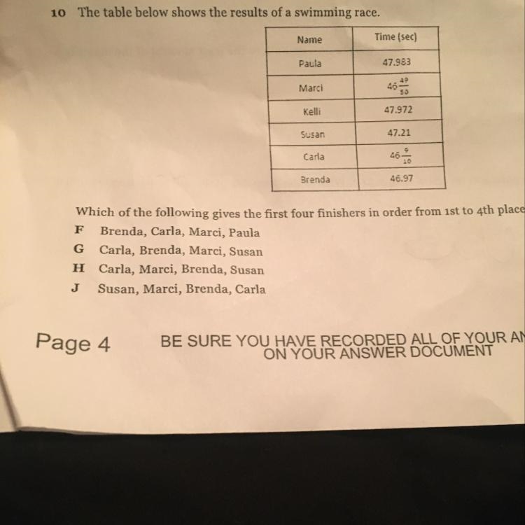 10 The table below shows the results of a swimming race. Time (sec) Name Paula 47.983 Marci-example-1