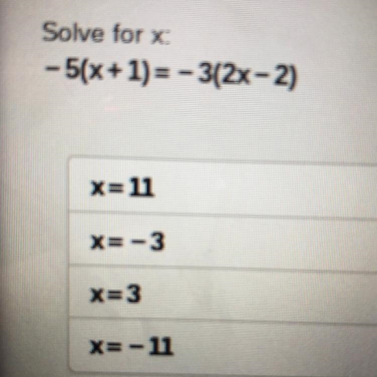 -5(x+1)= - 3(2x-2) x= 11 X=-3 x=3 x= -11 please help quick!!!-example-1