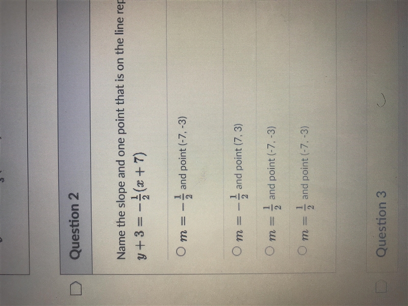 Name the slop and one point that is on the line represented by the equation: y + 3 = -1/2(x-example-1