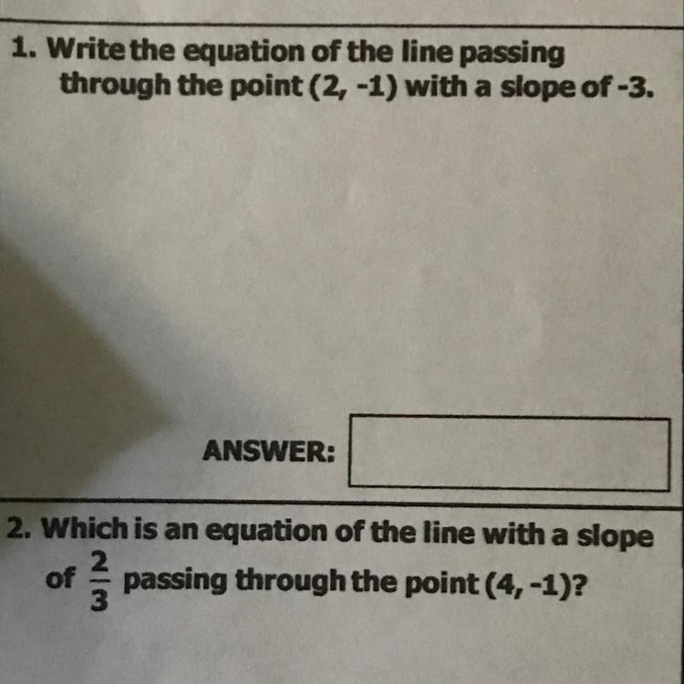 1. Write the equation of the line passing through the point (2, -1) with a slope of-example-1