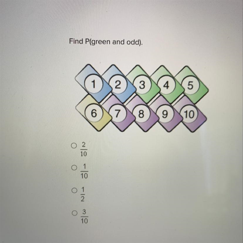 Please help Problem: Find P (green and odd) Answers: 2/10 1/10 1/2 3/10-example-1