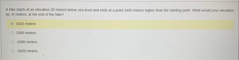 A hike starts at an elevation 20 meters below sea level and ends at a point 3400 meters-example-1