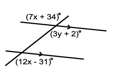 Solve for the x,y and find the measure of the obtuse angle in the diagram.​-example-1