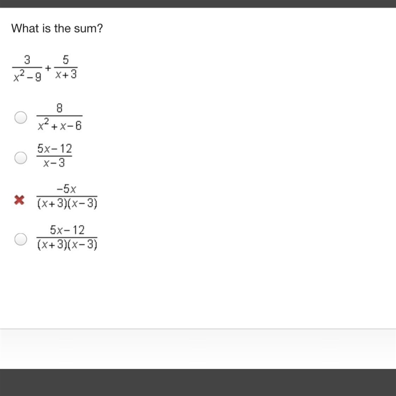 What is the sum? StartFraction 3 Over x squared minus 9 EndFraction + StartFraction-example-1