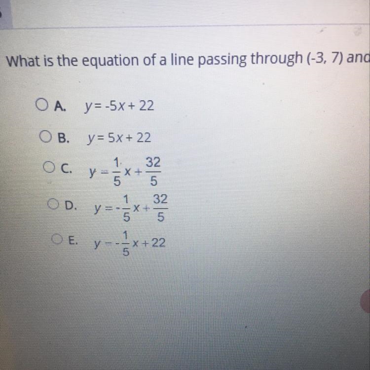 What is the equation of a line passing through (-3,7) and having a slope of -1/5 PLEASE-example-1