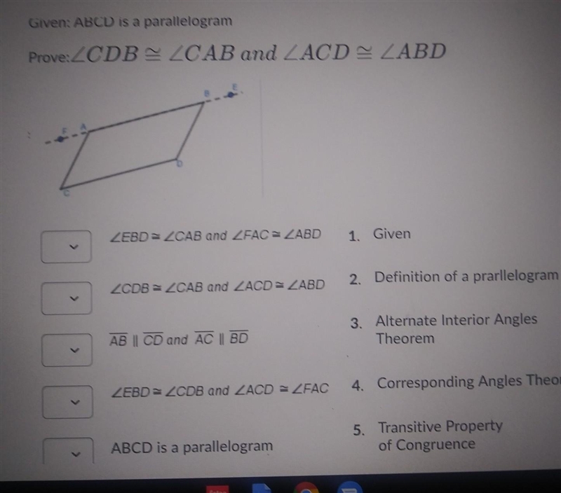 Match each statement to the reasons given for the geometric proof. Part 2 ​-example-1