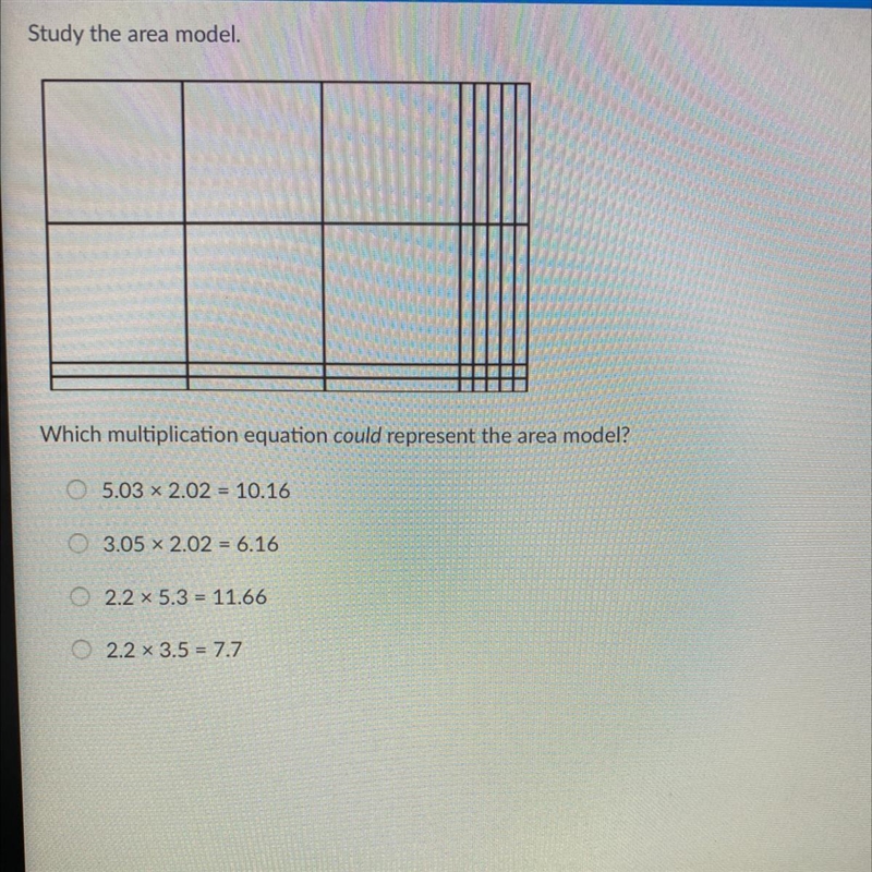 Study the area model. Which multiplication equation could represent the area model-example-1