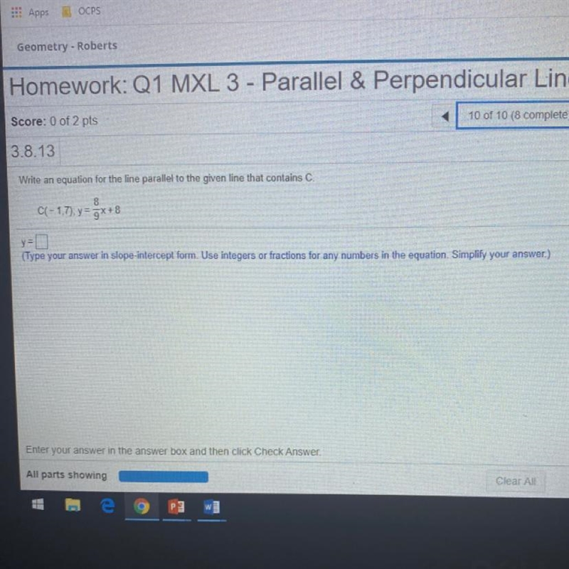 Write an equation for the line parallel to the given line that contains C. C(-1,7): y-example-1