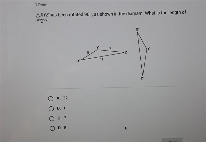 XYZ has been rotated 90°, as shown in the diagram. What is the length of Y'Z? Help-example-1