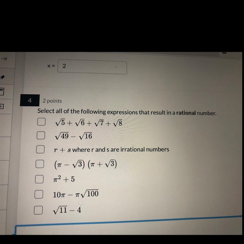 Select all of the following expressions that result in a rational number.-example-1