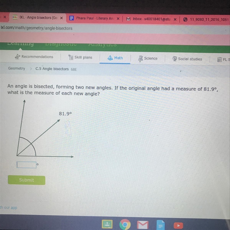 An Angle is bisected, forming two new angles. If the original angle had a measure-example-1