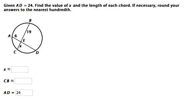 Given AD = 24. Find the value of x and the length of each chord. If necessary, round-example-1